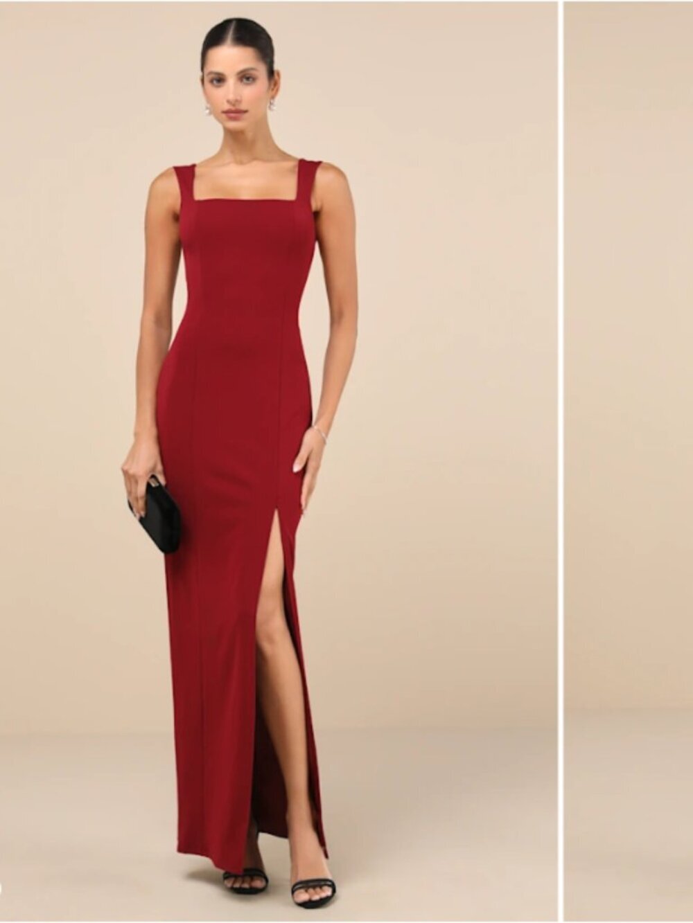 Lulu's Burgundy Square-Neck Slit Maxi Dress
